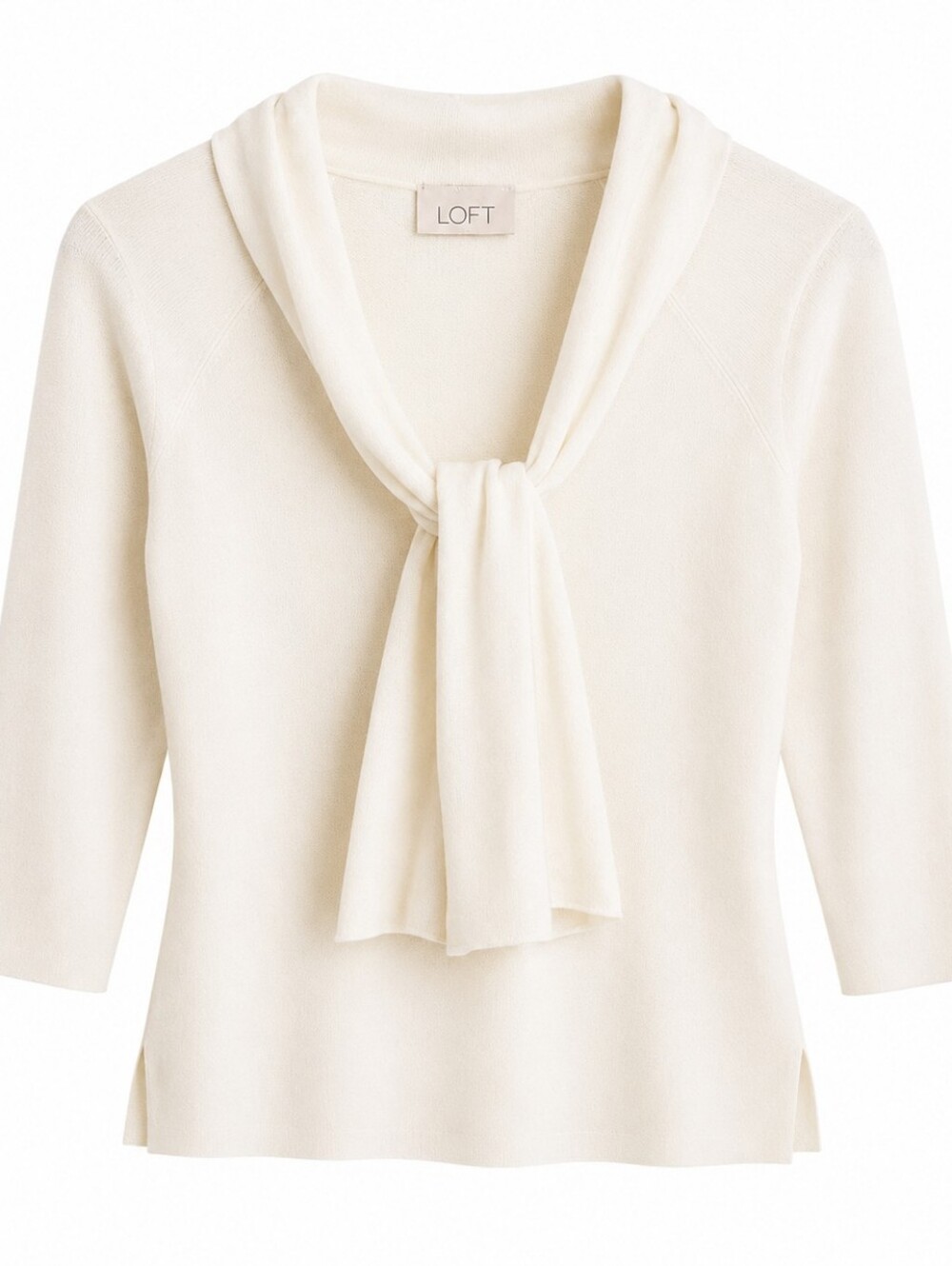 LOFT Women's Sweater Top 3/4 Sleeves Fitted Cream Tie Neck Design Size M